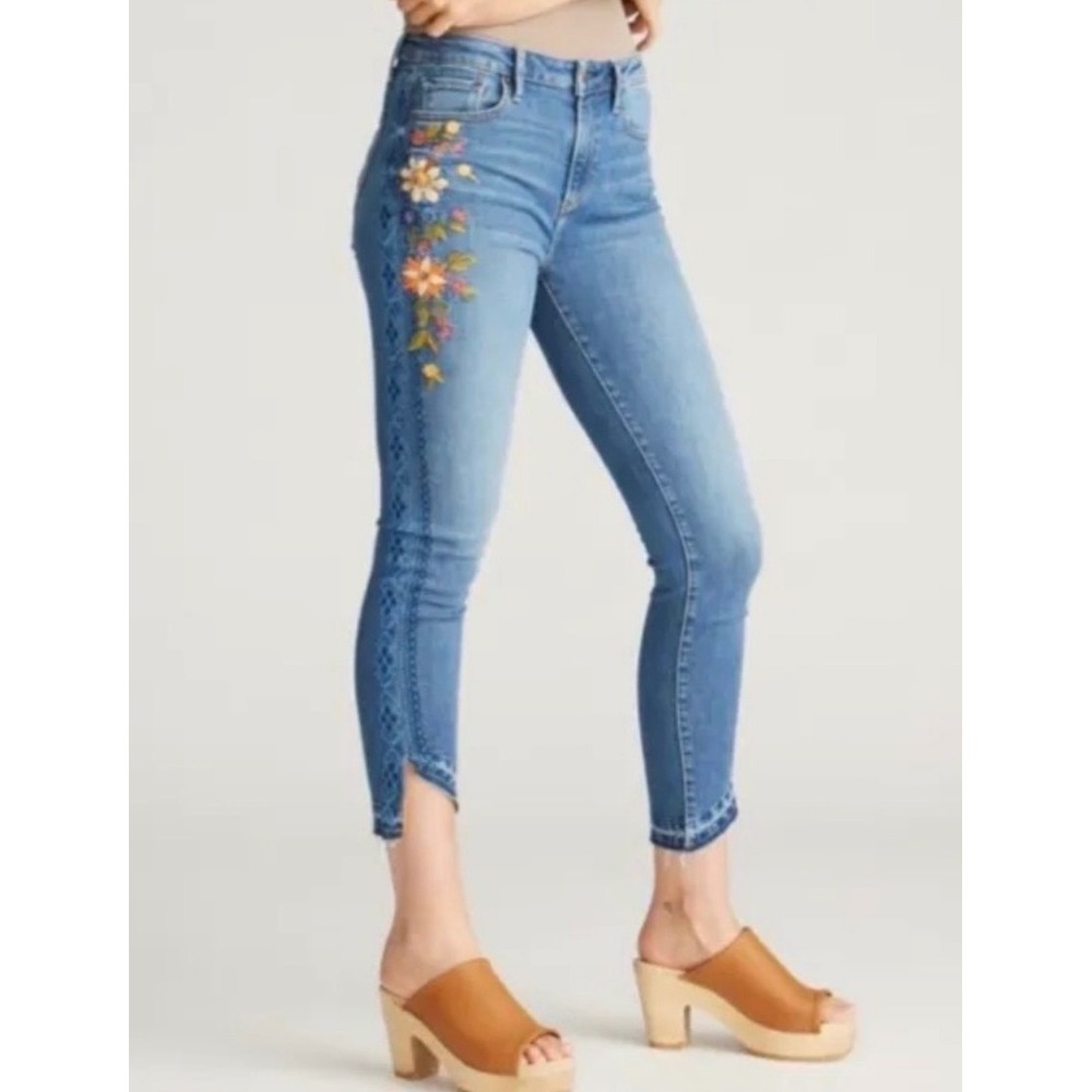 DRIFTWOOD Jackie High Rise Embroidered Boho Skinny Leg Cropped Jeans 30